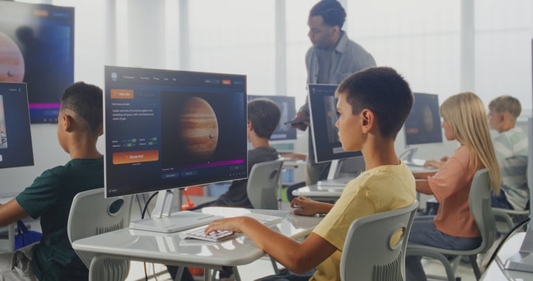 Primary School Students Working on Computers, Creating Video Projects in AI Video Generator, Studying Artificial Intelligence Technology