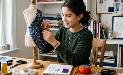 Woman adjusting blue floral fabric on a dress form at a crafting desk with design materials