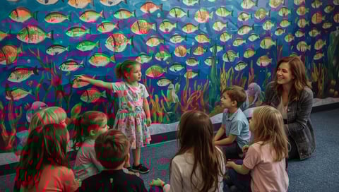 Group of children and an adult looking at a colorful underwater mural with painted fish and coral on a blue wall