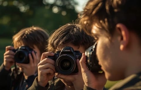 Group of young people outdoors holding cameras, with one person in focus holding a Canon DSLR camera