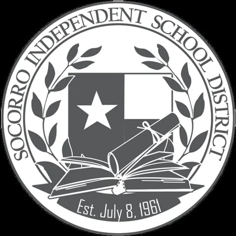 Socorro Independent School District seal featuring Texas map, star, open book, laurel wreaths, and establishment date July 8, 1961
