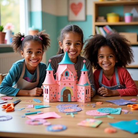Three smiling children holding a pink paper castle craft at a crafts table with colorful decorations and art supplies